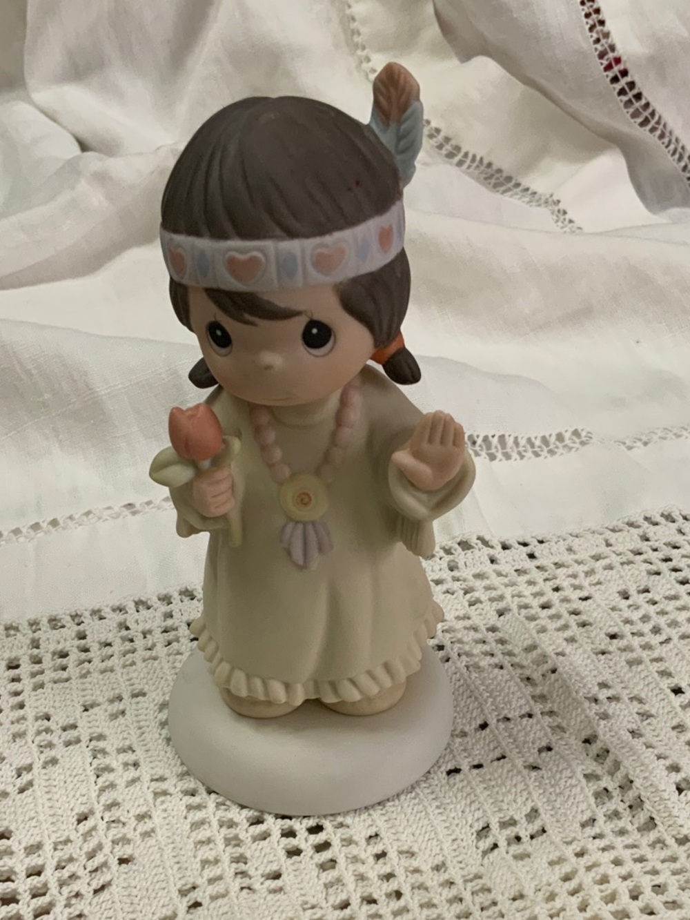 Precious Moments Figurine Girl with Heart Headband - Cream, Brown & Pink